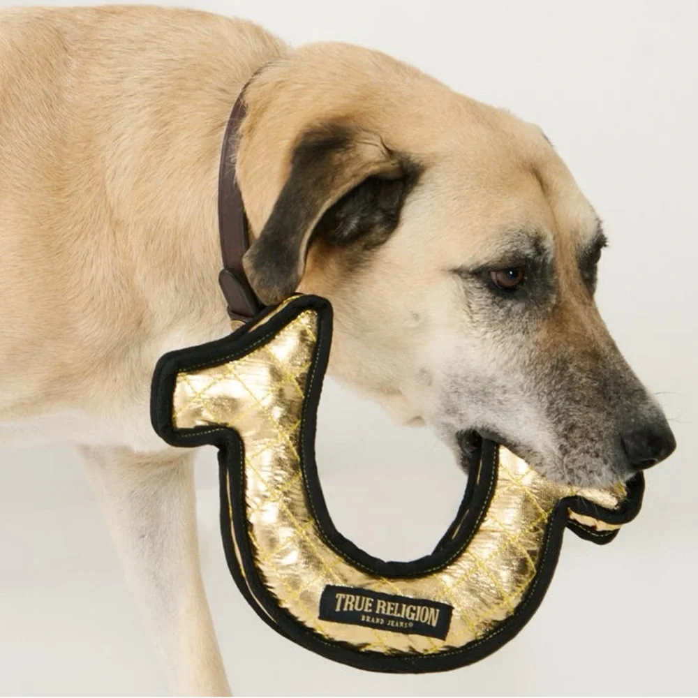 True Religion Horseshoe Logo Large Dog Toy New With Tags 11” W 8” H Gold Black